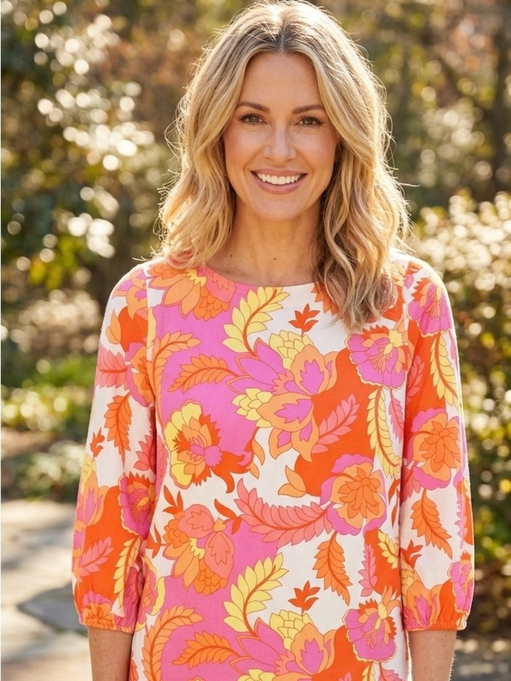 Belle by Susan Gravel QVC Size XS Orange Pink Floral Top Blouse Boho